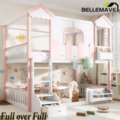 Bellemave® Full Over Full Wooden House Shaped Bunk Bed with Roof, Bookshelves and Storage Drawer — Converts Into Two Full Beds Bellemave®