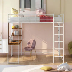 Bellemave® Full Size Metal Loft Bed with 2 Shelves and Desk