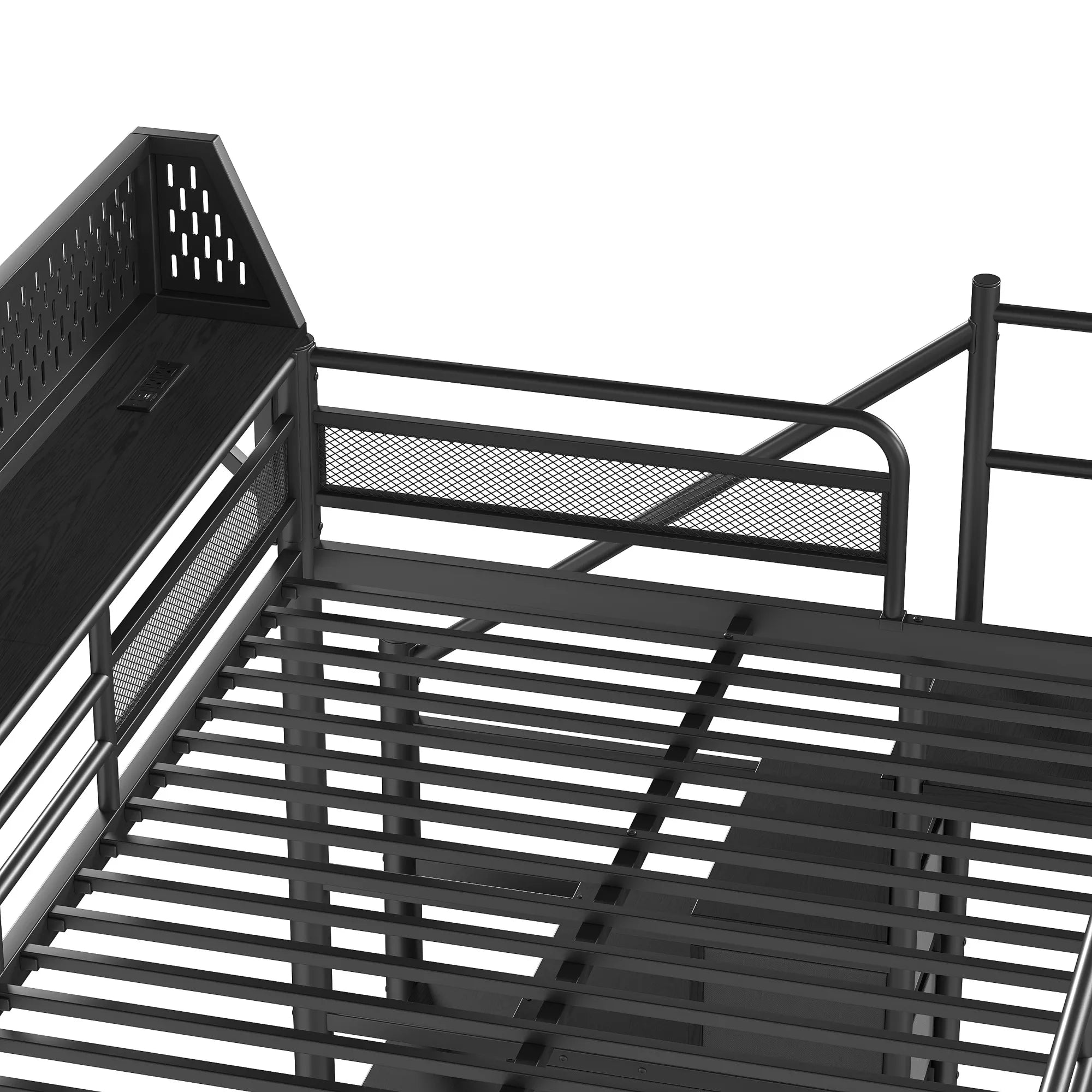 Close-up of metal bunk bed upper guardrail, slatted frame and mesh safety panel