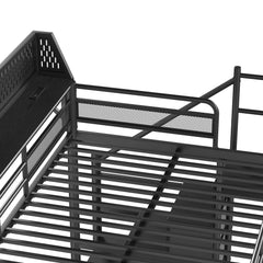 Close-up of metal bunk bed upper guardrail, slatted frame and mesh safety panel