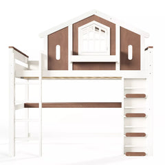 Front view of a kids playhouse loft bed with pitched roof and decorative window