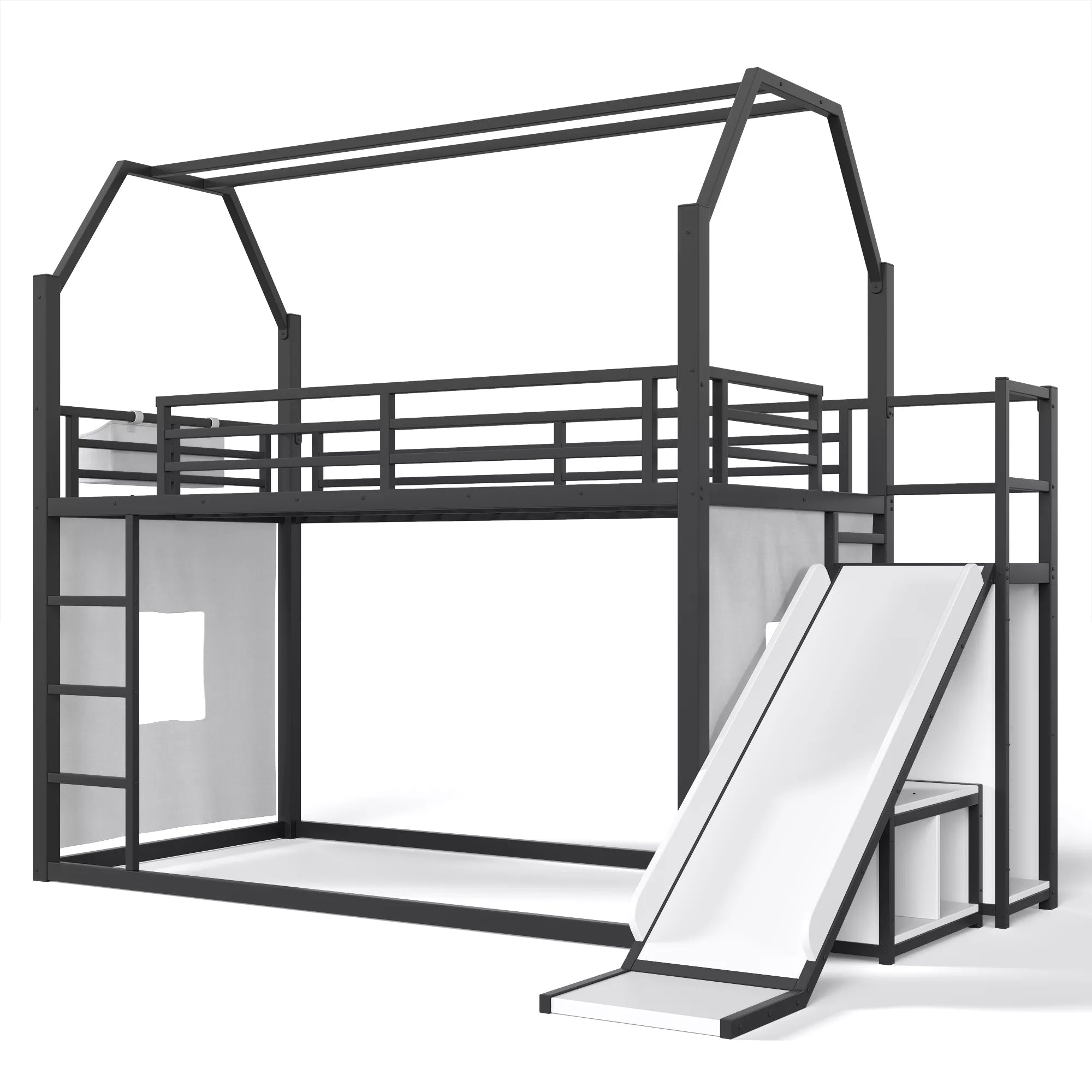Kids house loft bed frame with slide and safety guardrails