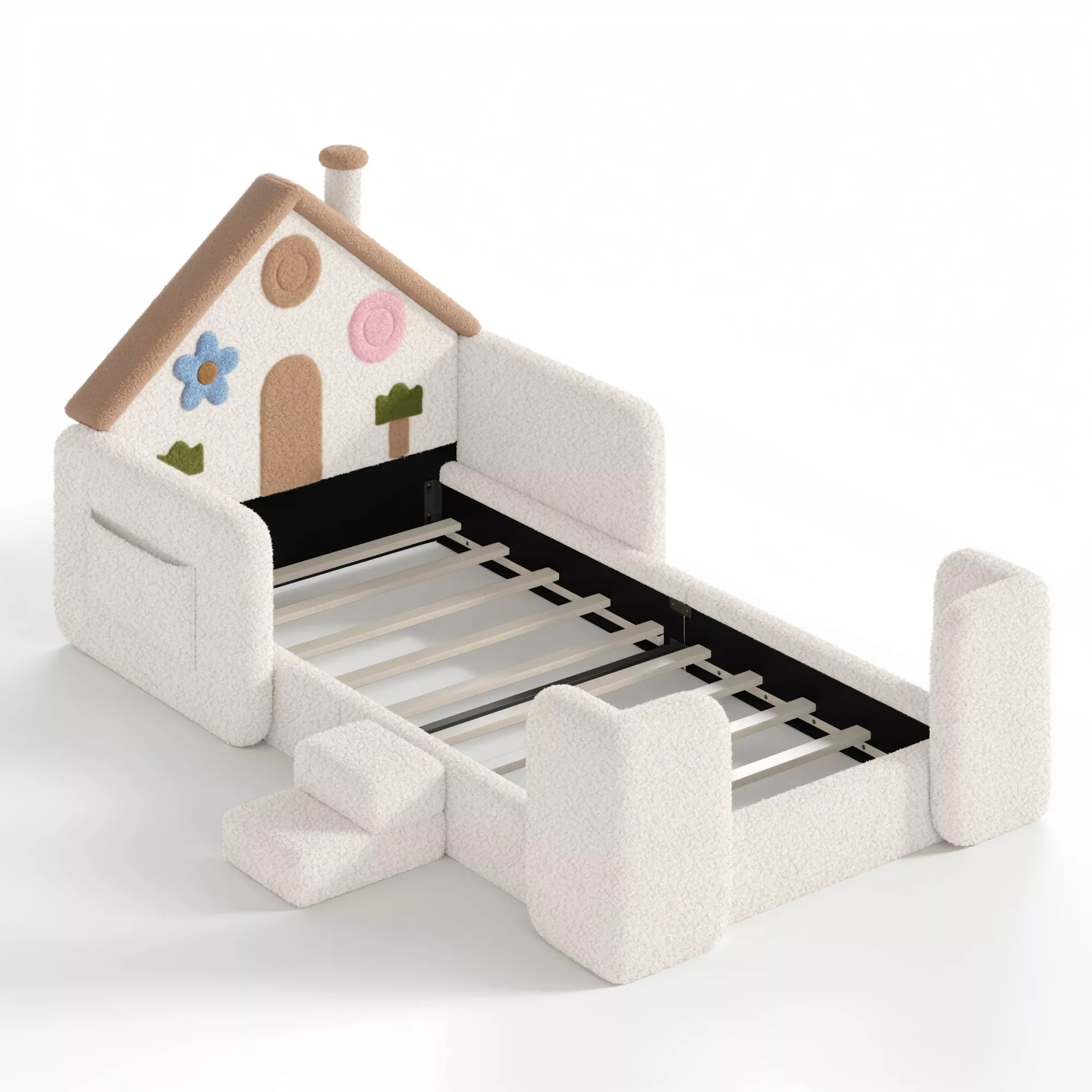 House shaped floor bed frame with soft fabric rails