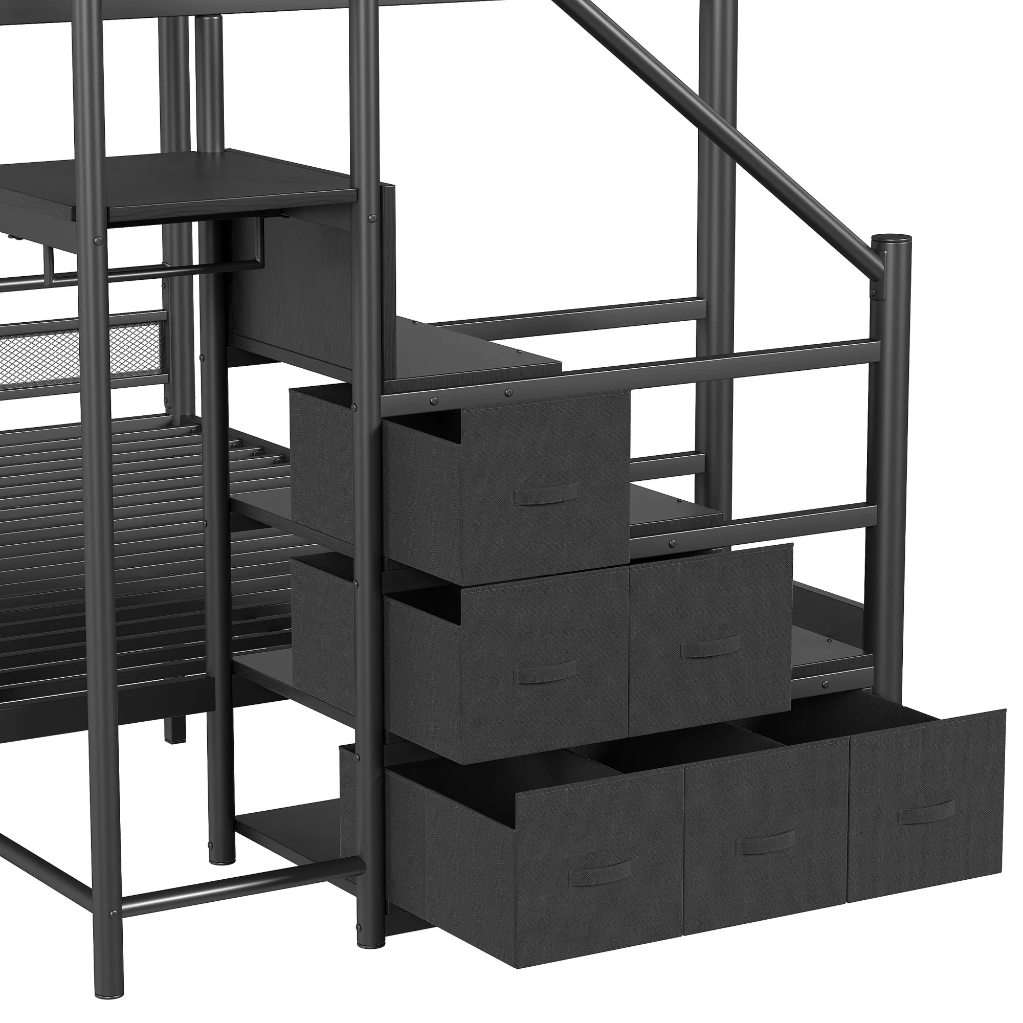 Close-up of built-in staircase cabinets and fabric storage drawers on a metal bunk bed