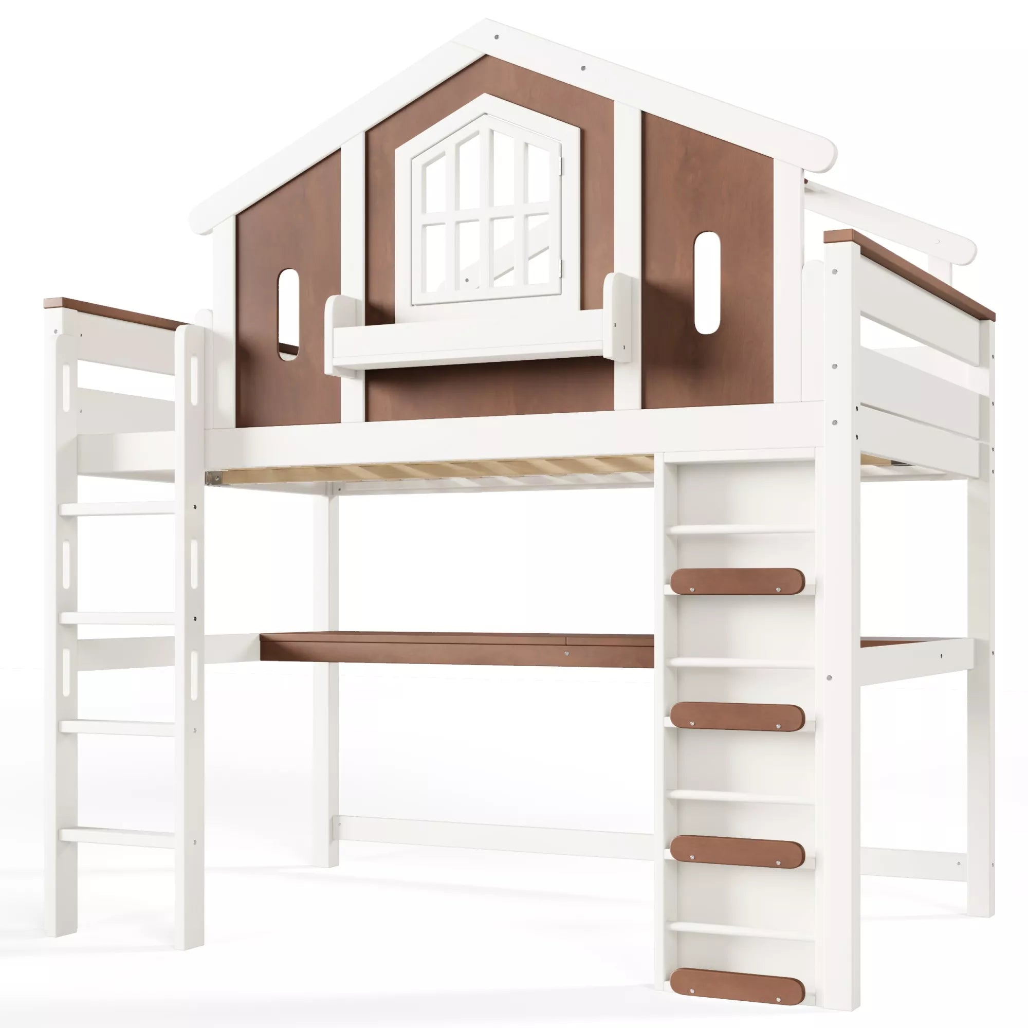Angled view of a Full Size loft bed showing the elevated bed and four-tier staircase