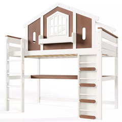 Angled view of a Full Size loft bed showing the elevated bed and four-tier staircase