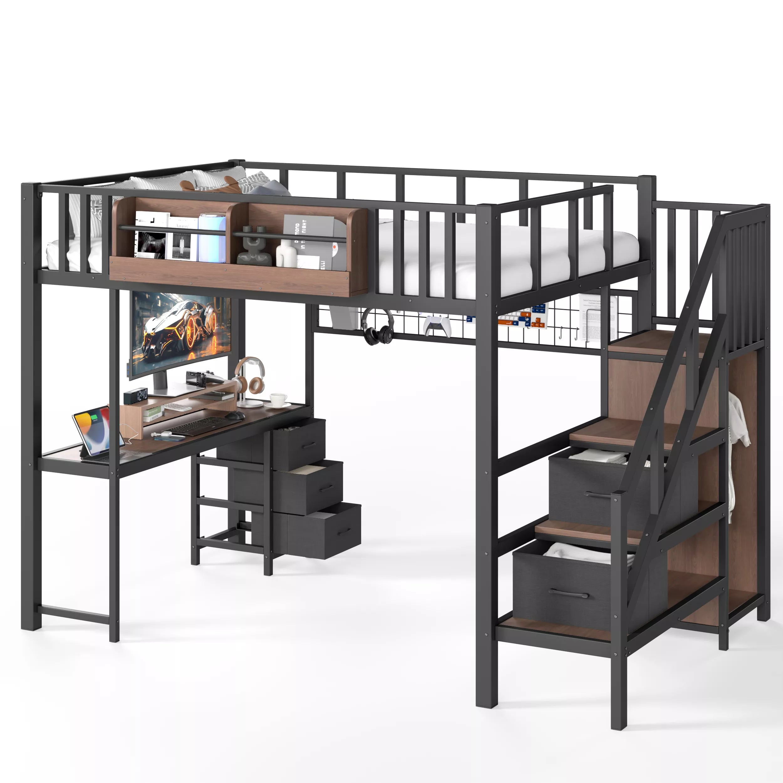Full Size Multi Functional Loft Bed with Desk and Storage Stair