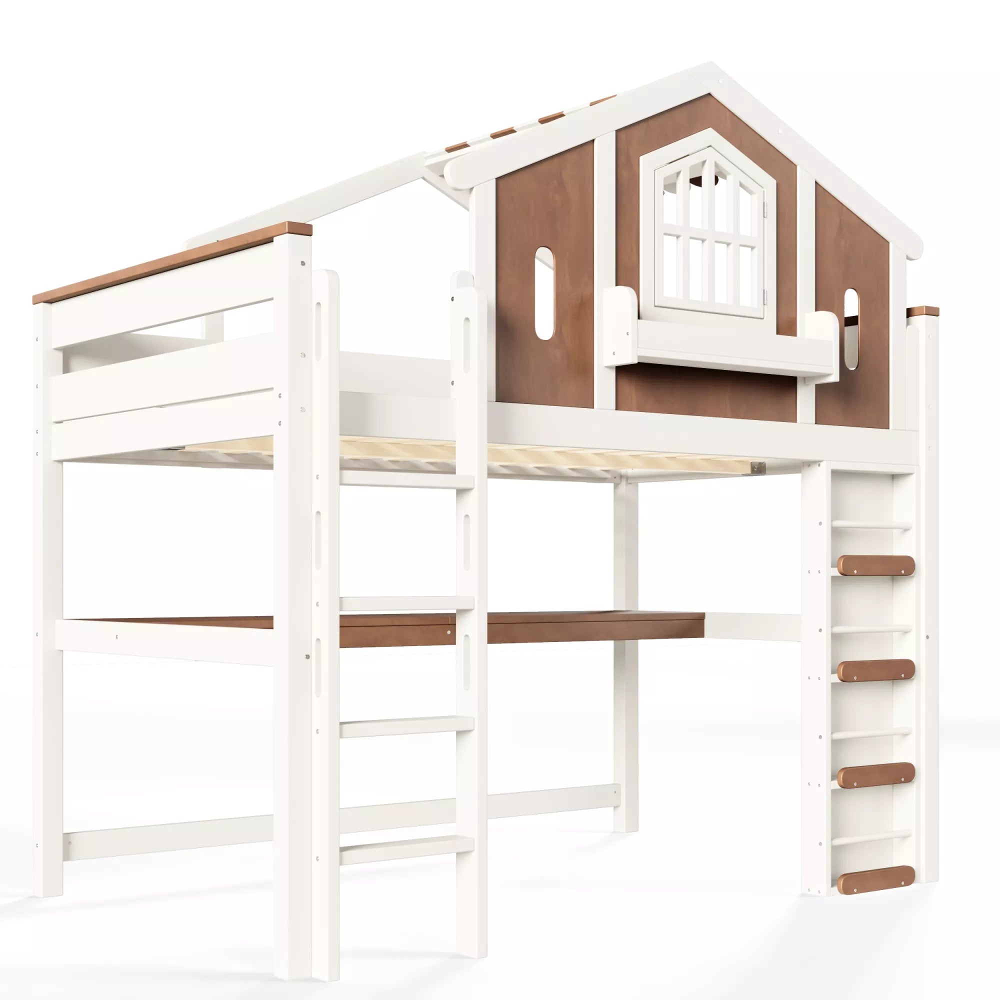 Side view of a house loft bed with built-in desk and staircase