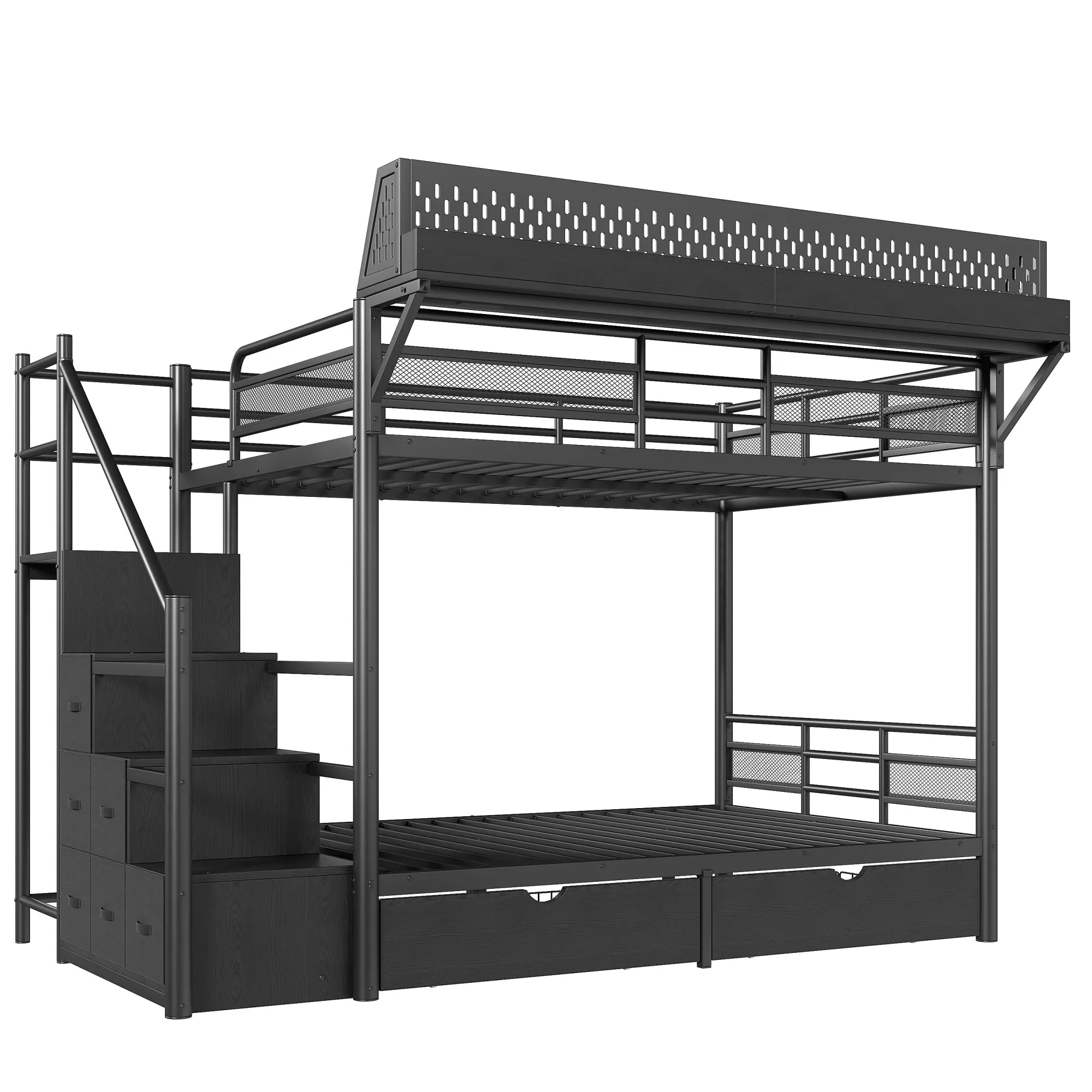 Front angled view of black metal bunk bed with storage staircase and lower fabric drawers