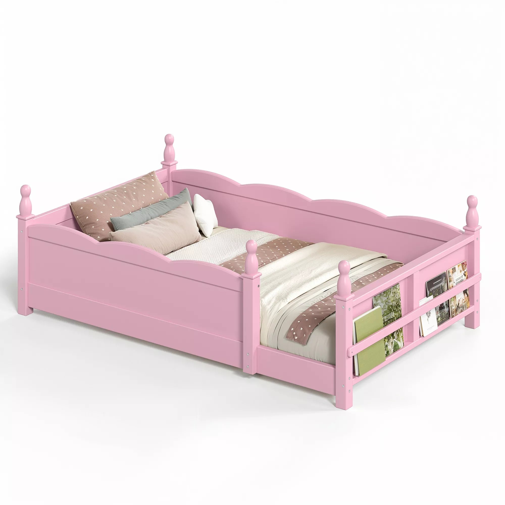 Bellemave® Floor Bed with Bookshelf & Safety Guardrails for Kids, Wooden Montessori Bed Frame with Childlike Design for Girls Boys Bellemave®