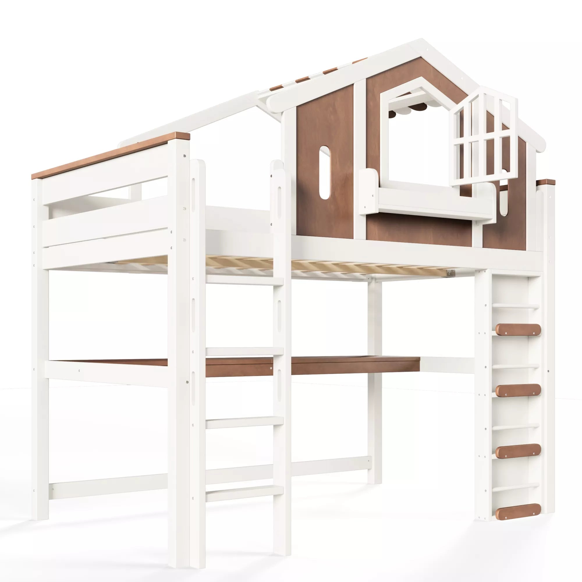 House-shaped loft bed with upper guardrails and open space beneath the elevated bed