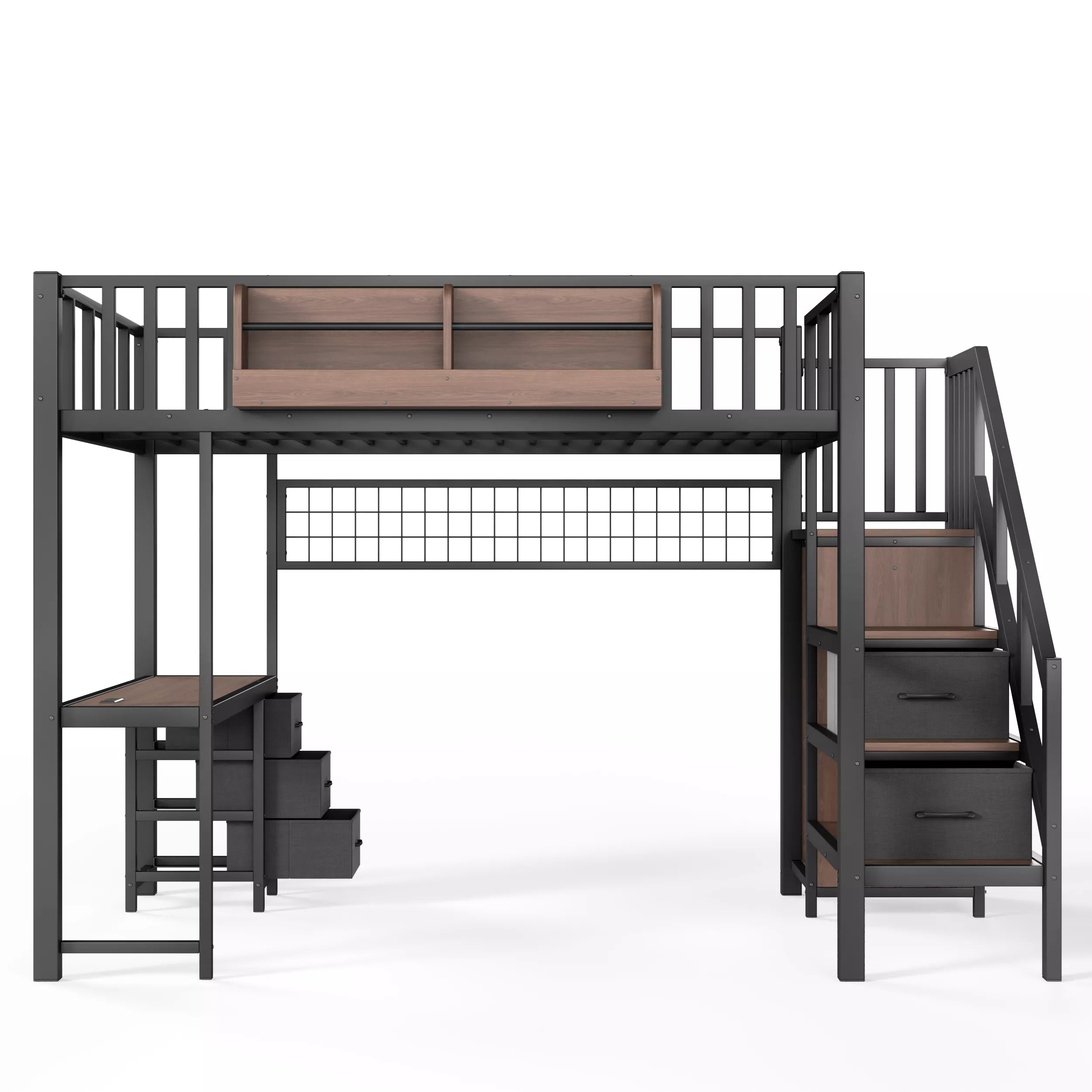 Full Size Loft Bed with Storage Stair and Open Shelf Design