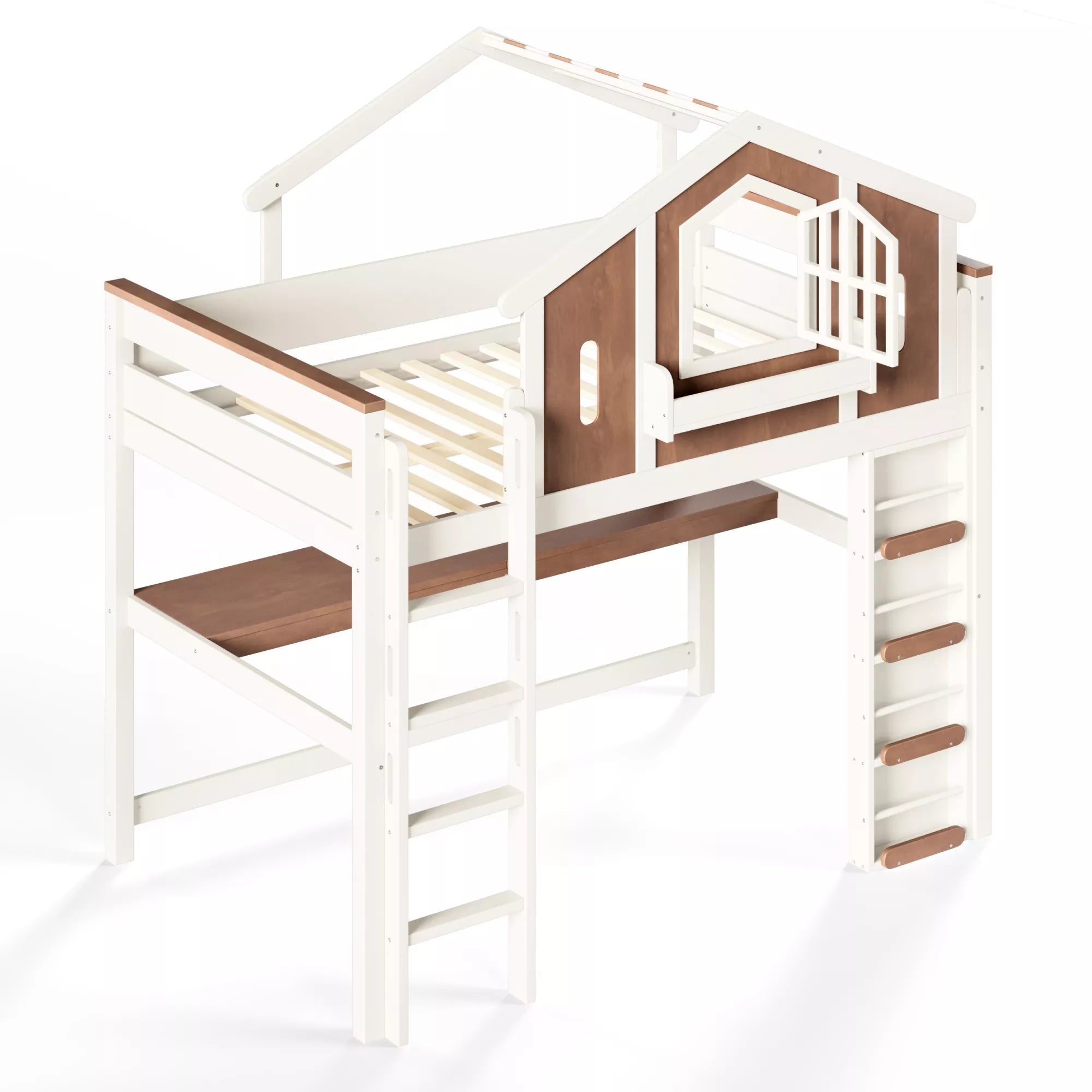 Side and rear view of a loft bed showing the upper frame and mattress support slats
