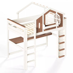 Side and rear view of a loft bed showing the upper frame and mattress support slats