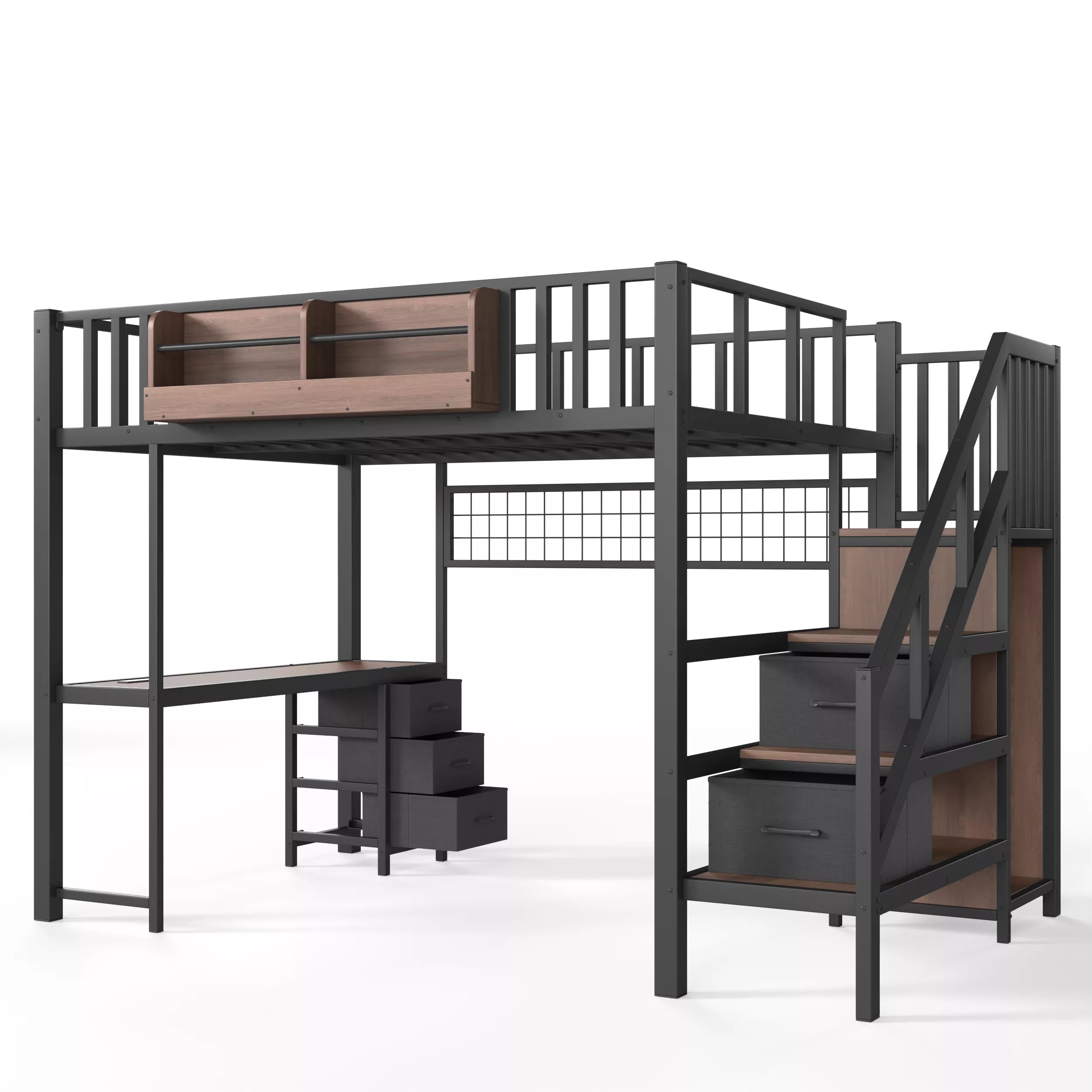 Full Size Metal Loft Bed Frame with Desk and Drawers