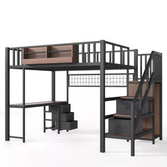 Full Size Metal Loft Bed Frame with Desk and Drawers