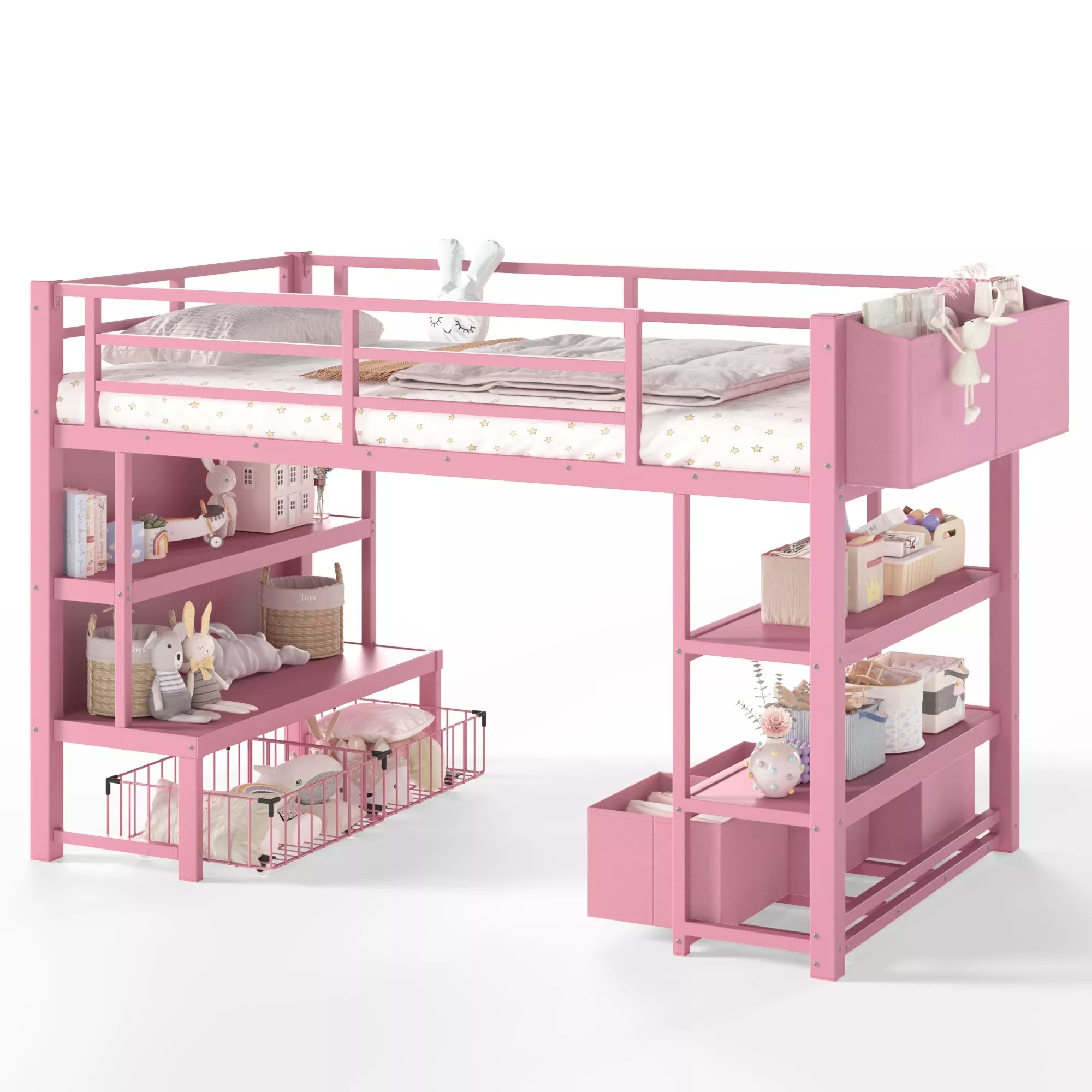 Twin metal low loft bed side view with storage drawer