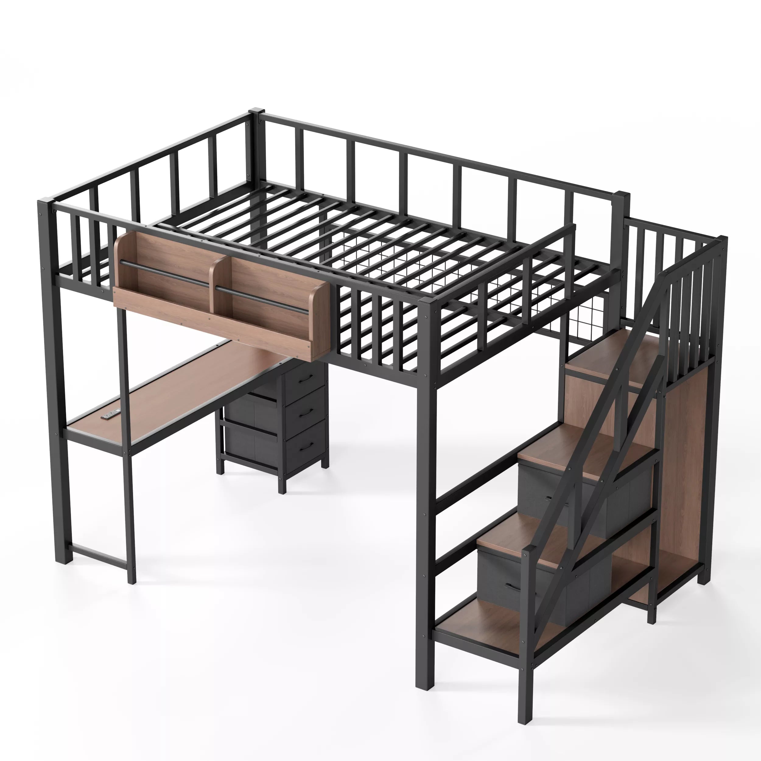 Full Size Heavy Duty Loft Bed with Storage Stair Front View