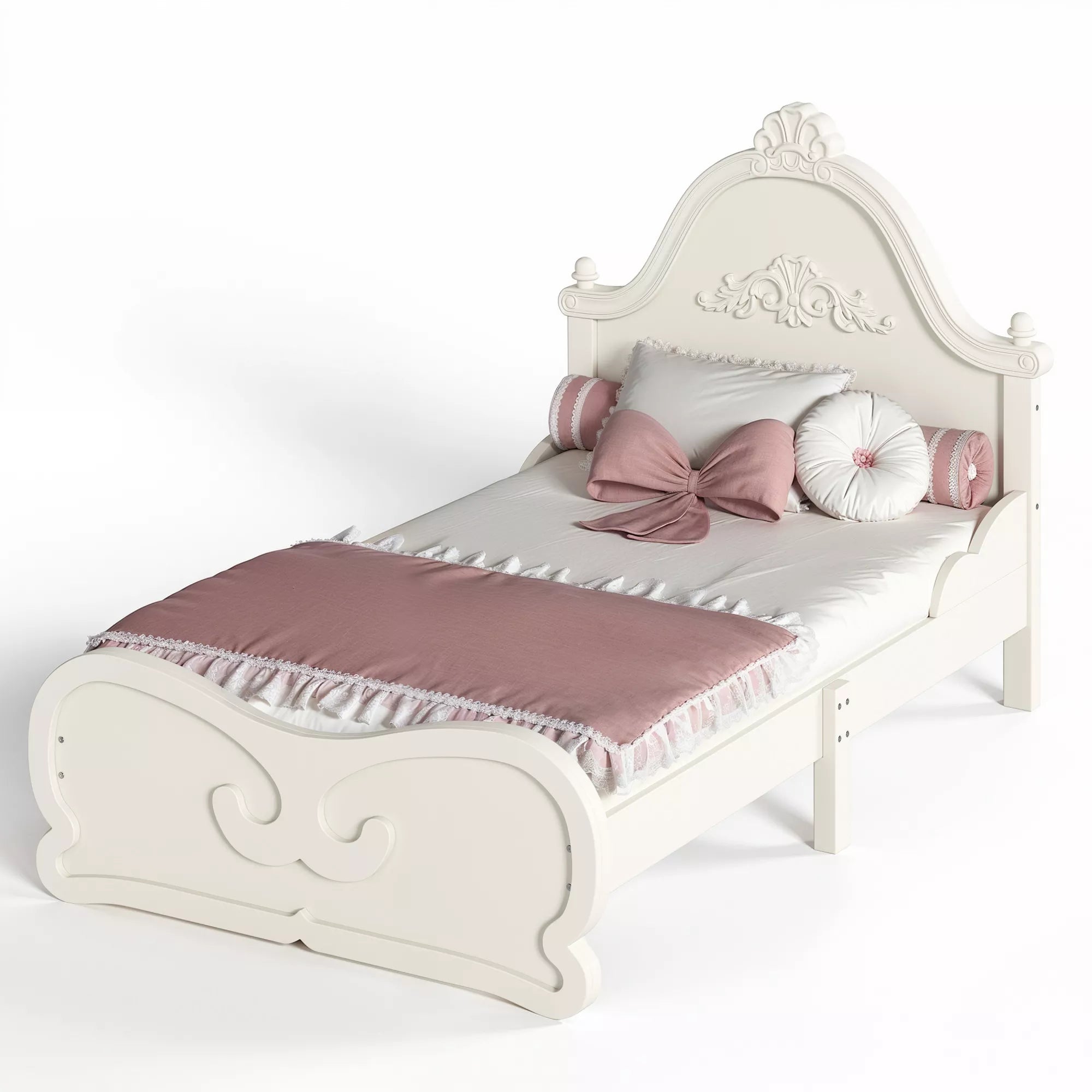 White Vintage Carved Platform Bed in Bedroom Setting