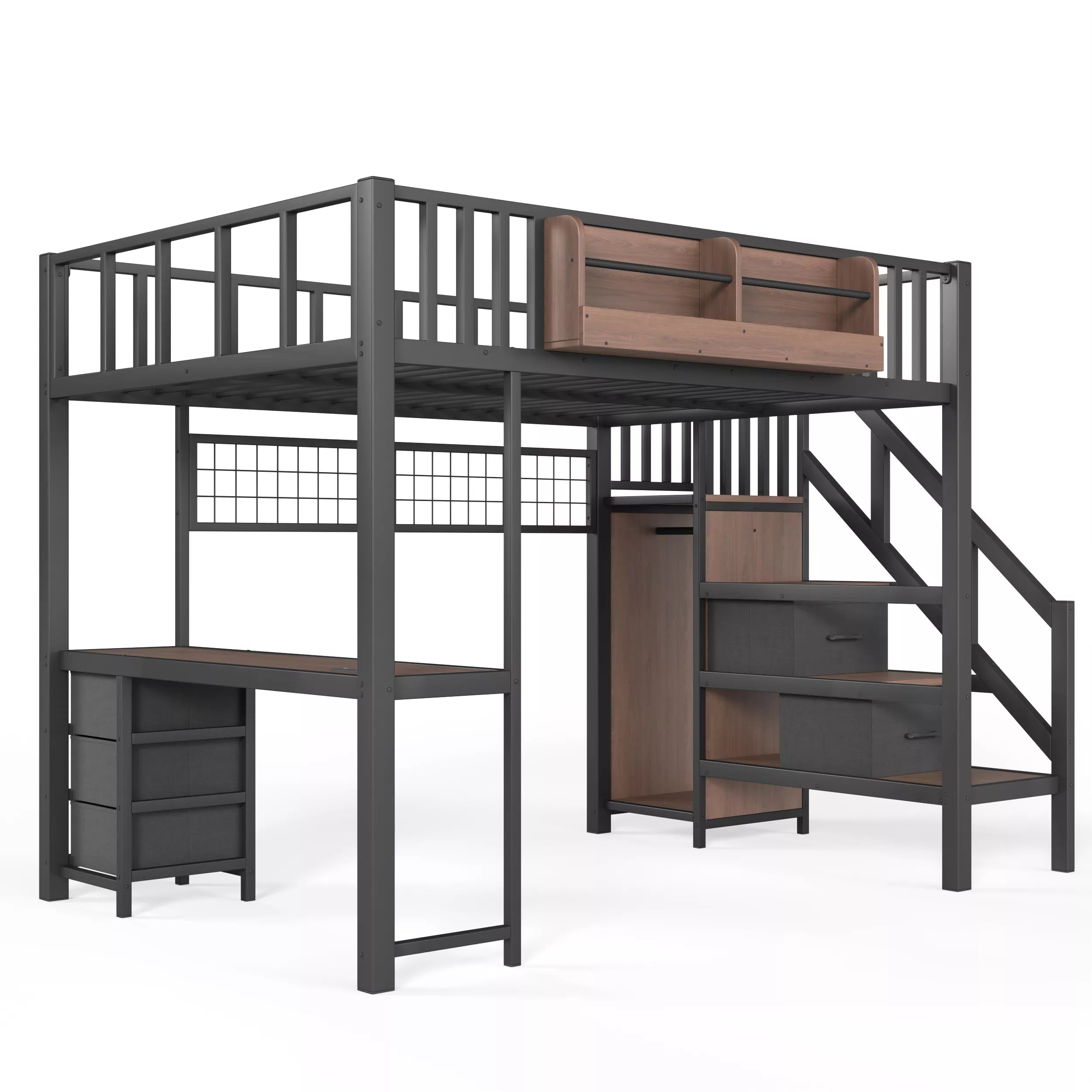 Full Size Loft Bed Frame with Built In Desk and Storage