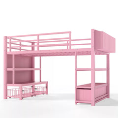 Metal low loft bed with bookshelf and storage drawer design