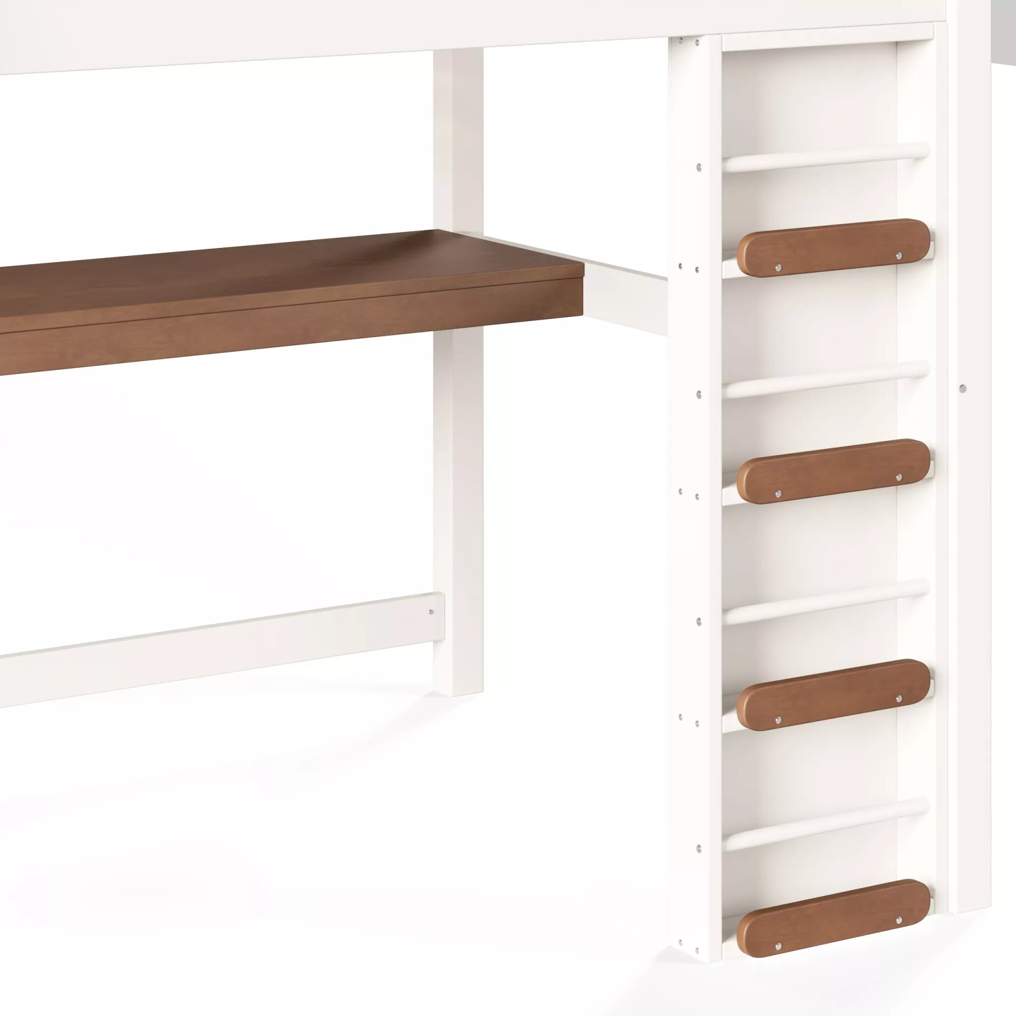 Close-up of the built-in desk beside the four-tier staircase