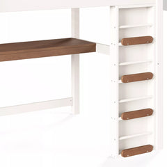 Close-up of the built-in desk beside the four-tier staircase