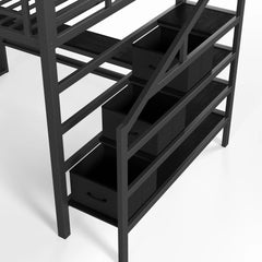 Bellemave® Loft Bed with Movable Desk, Storage Stairs & Shelves, Metal Bed with LED Lights, USB Ports, Multifunctional Iron Nets for Adults, Kids, Teens Bellemave®