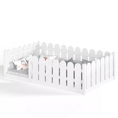Bellemave® Solid Wood Montessori Floor Bed with Fence Guardrails, Low Profile Kids Floor Bed Frame