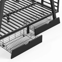 Metal bunk bed with two storage drawers beneath the lower bunk