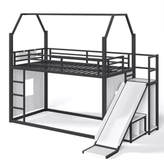 Twin size house loft bed with slide and metal frame for kids bedroom