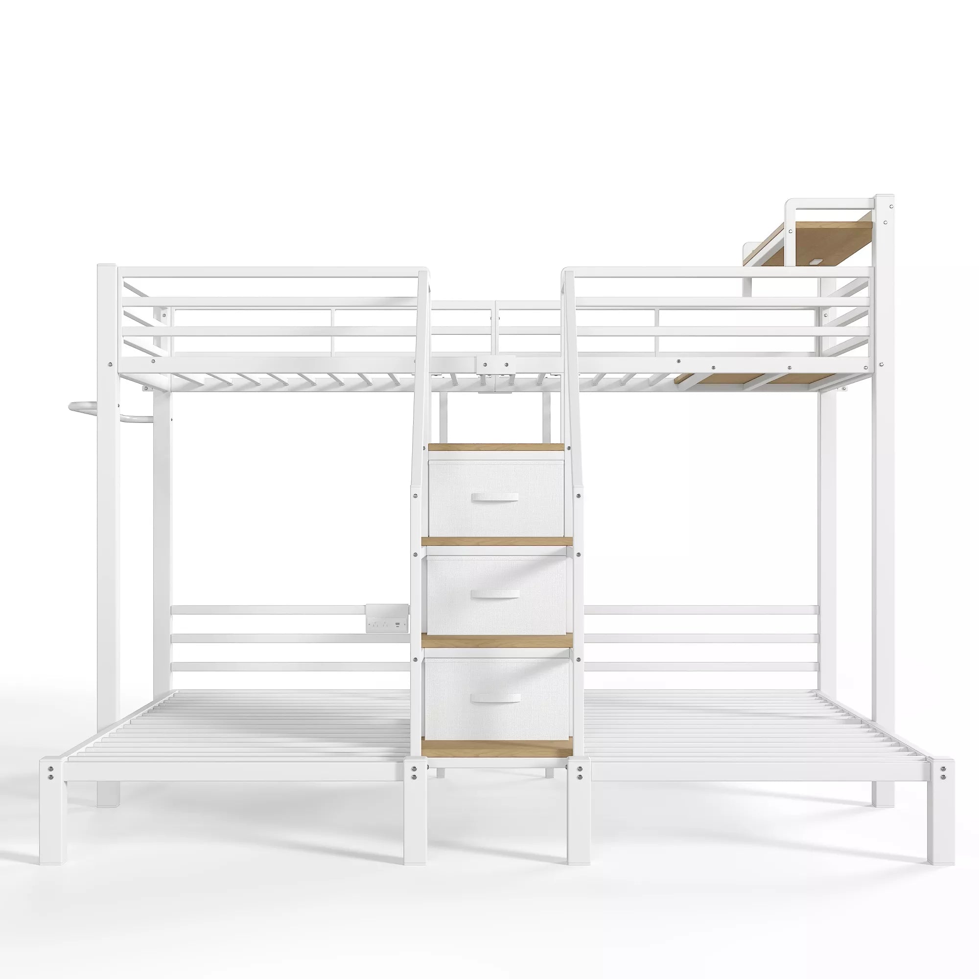white metal triple bunk bed frame with storage stairs