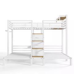 white metal triple bunk bed frame with storage stairs