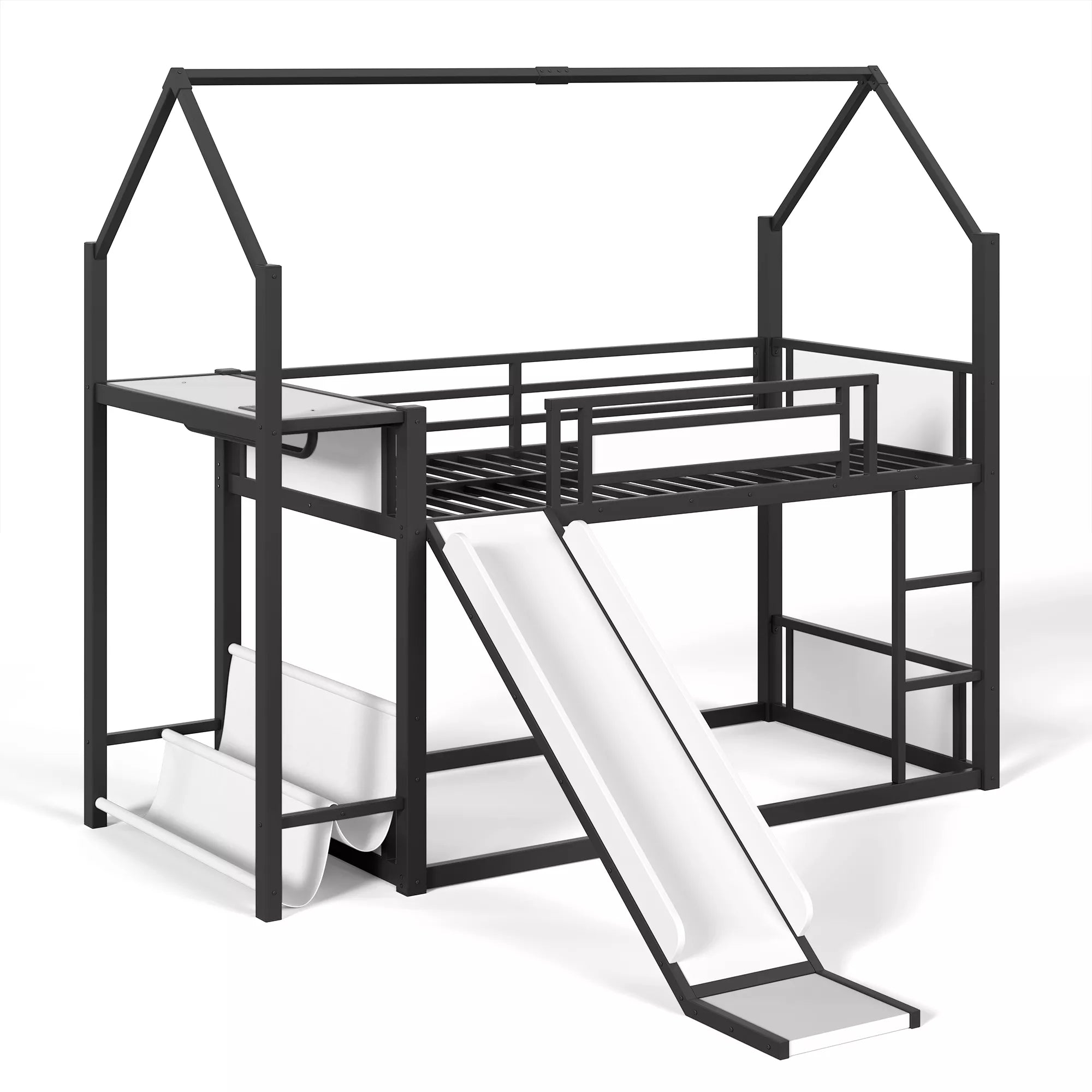 Twin Over Twin Metal Playhouse Bunk Bed with Slide Front View