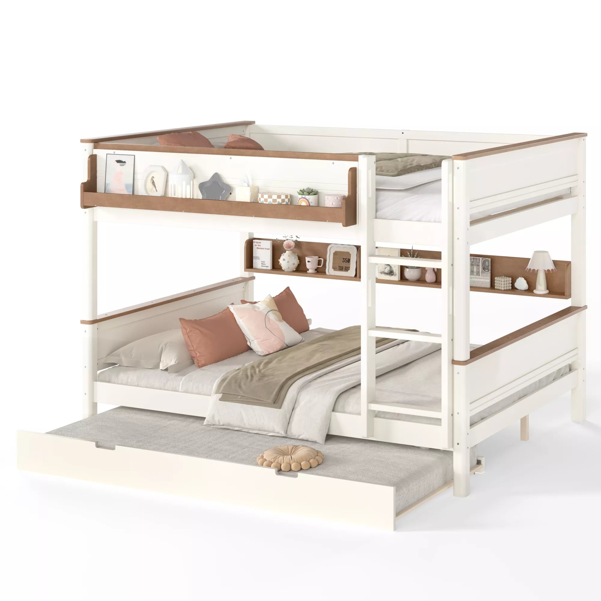 Wood bunk bed with pull-out trundle and side storage shelf