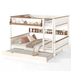 Wood bunk bed with pull-out trundle and side storage shelf