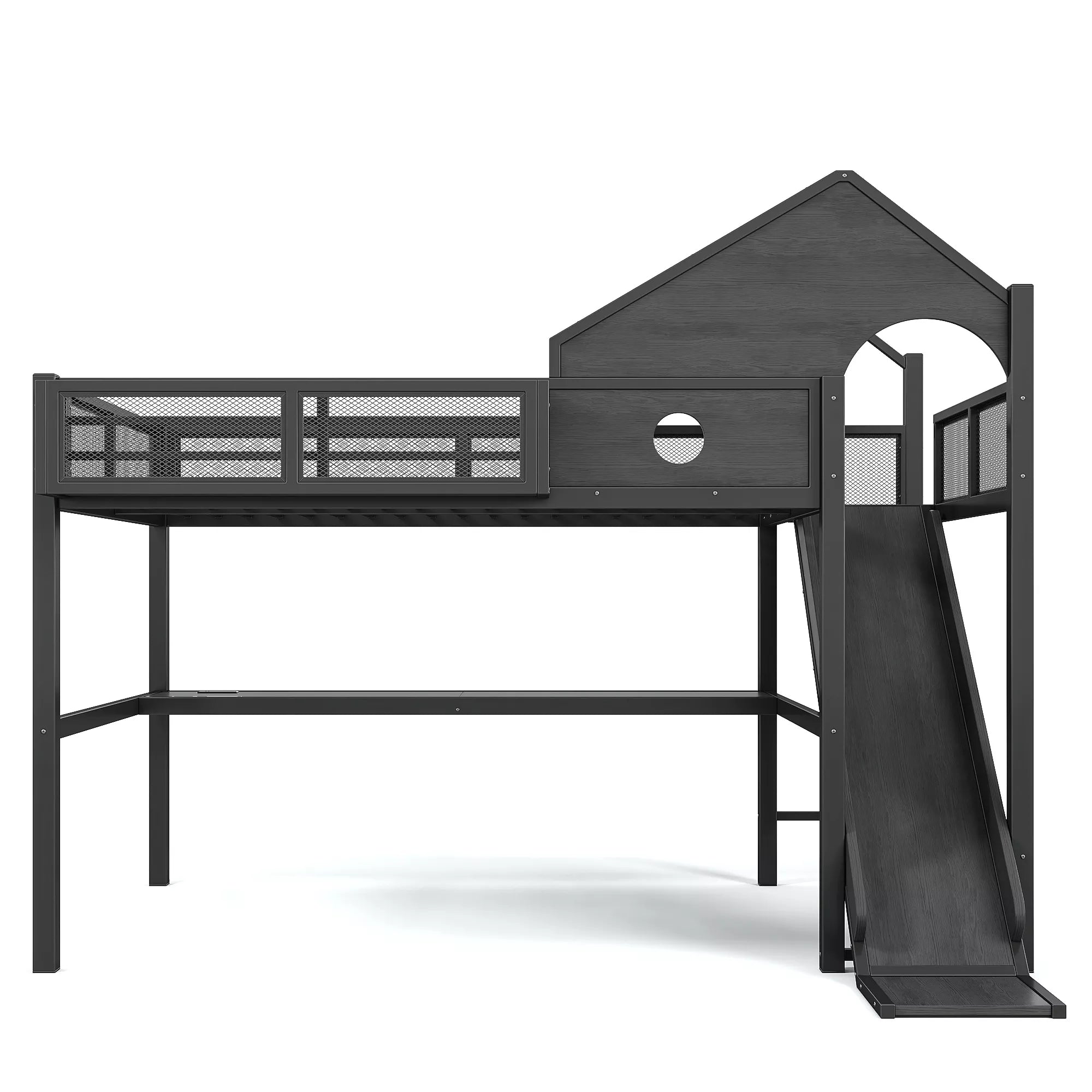 Black metal loft bed with slide desk and storage shelves