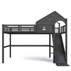 Black metal loft bed with slide desk and storage shelves