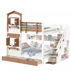 House bunk bed with storage staircase, under bed drawers and heart-shaped window