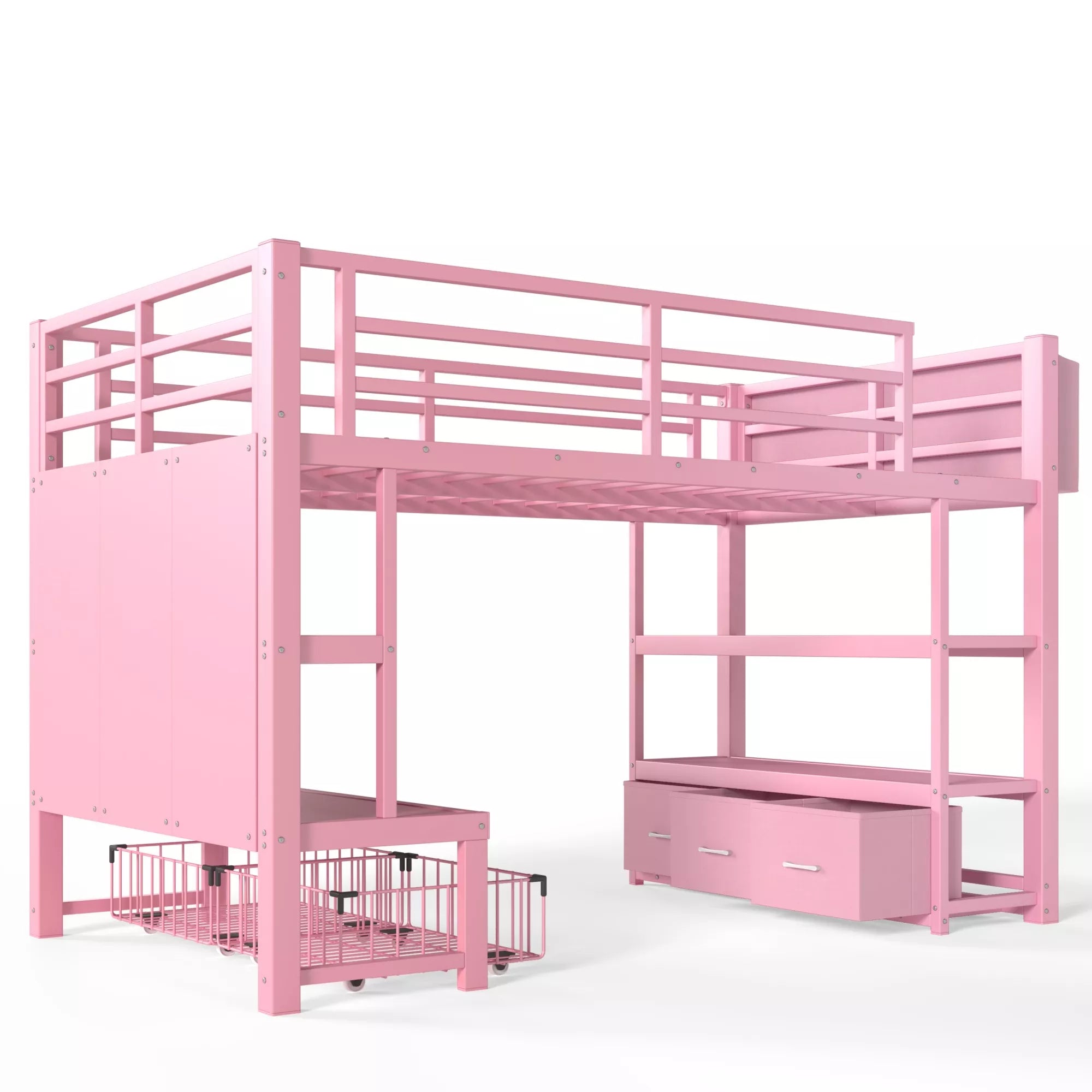 Twin metal low loft bed with storage drawer and bookshelf