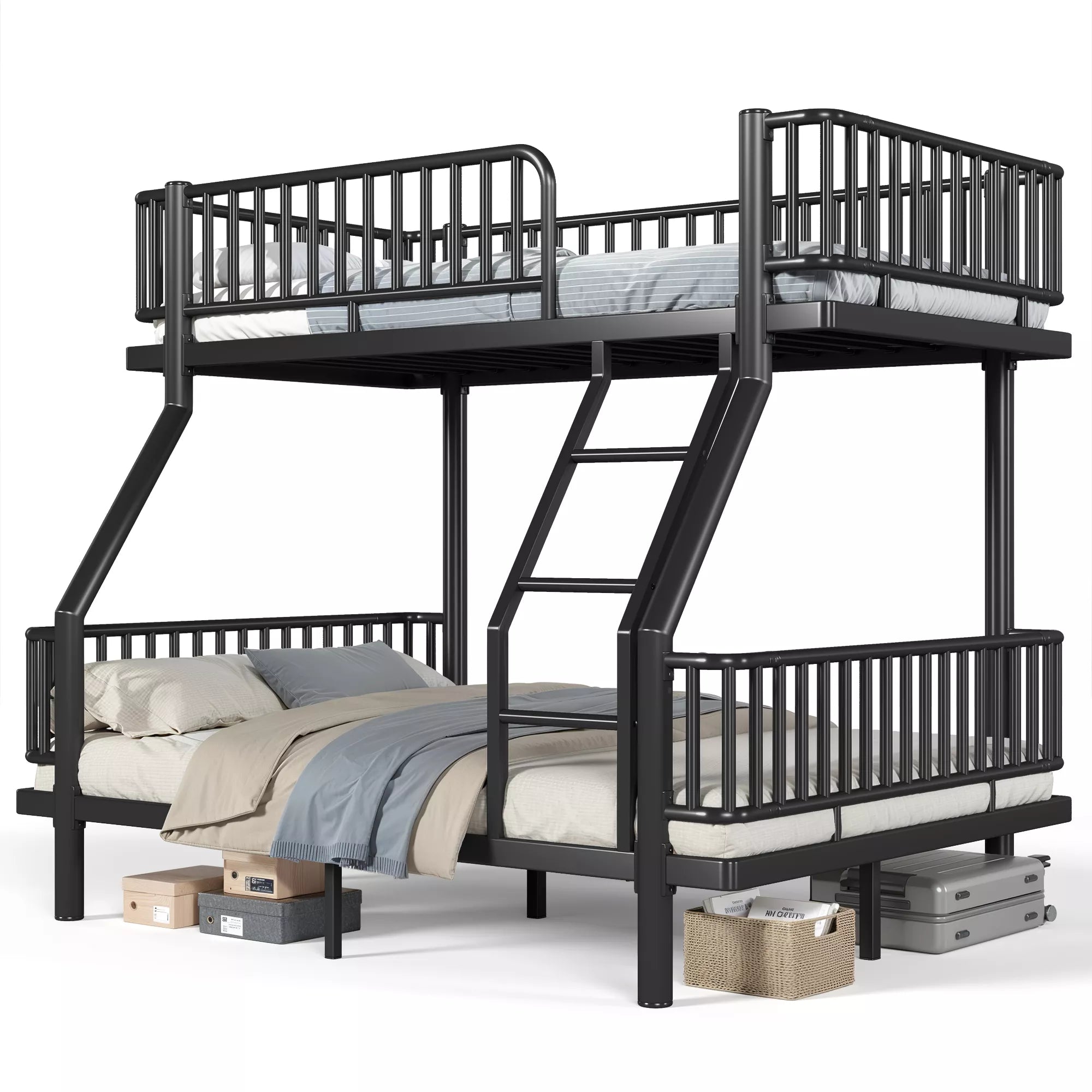 Twin Over Full Bunk Bed with Guardrails and Ladder