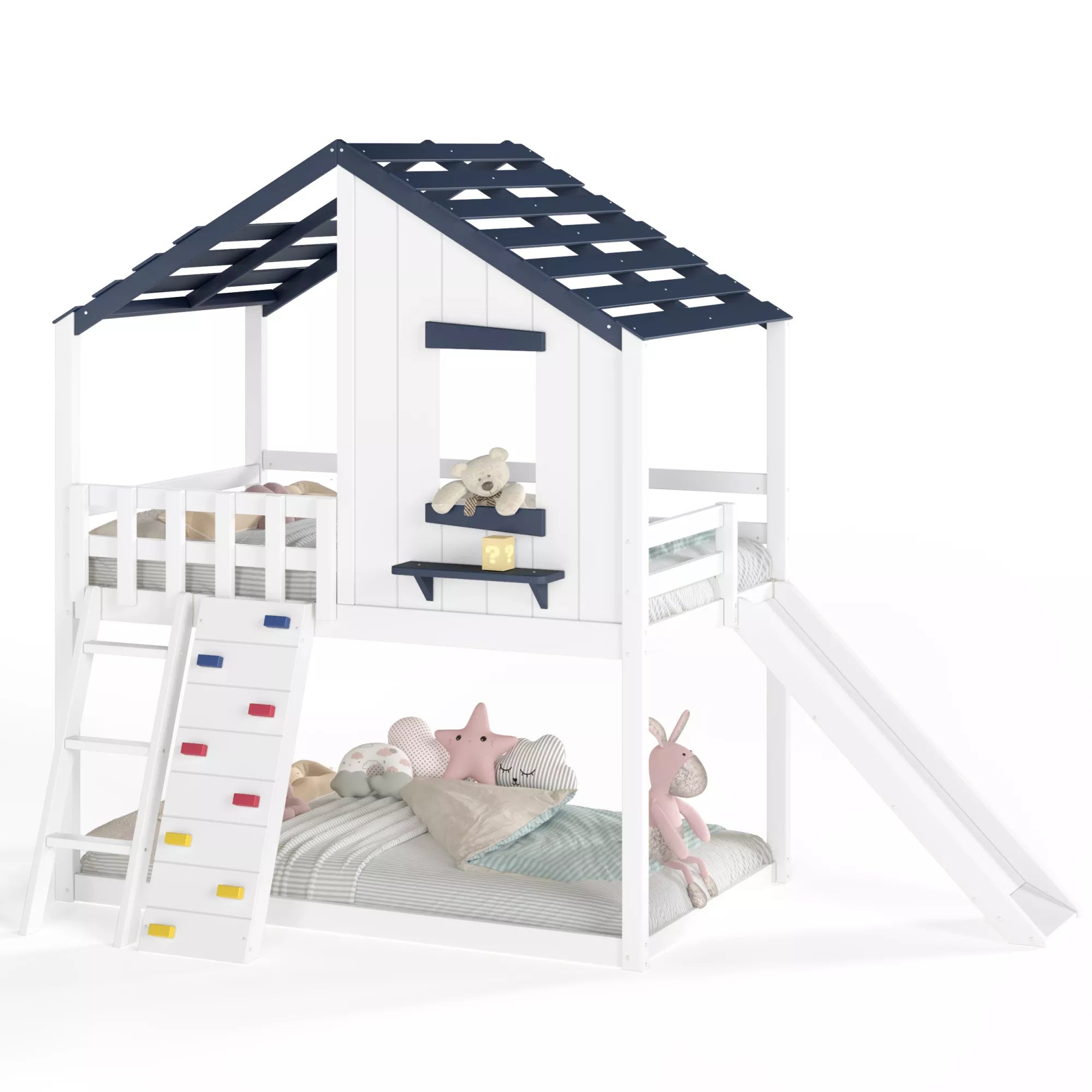 Playhouse loft bed with slide and house roof design for kids