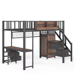 Full Size Metal Loft Bed with Desk, Drawers and Storage Stair, Black Finish