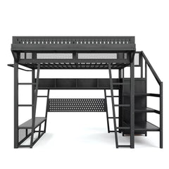 Gaming loft bed with wardrobe storage stairs pegboard and bench