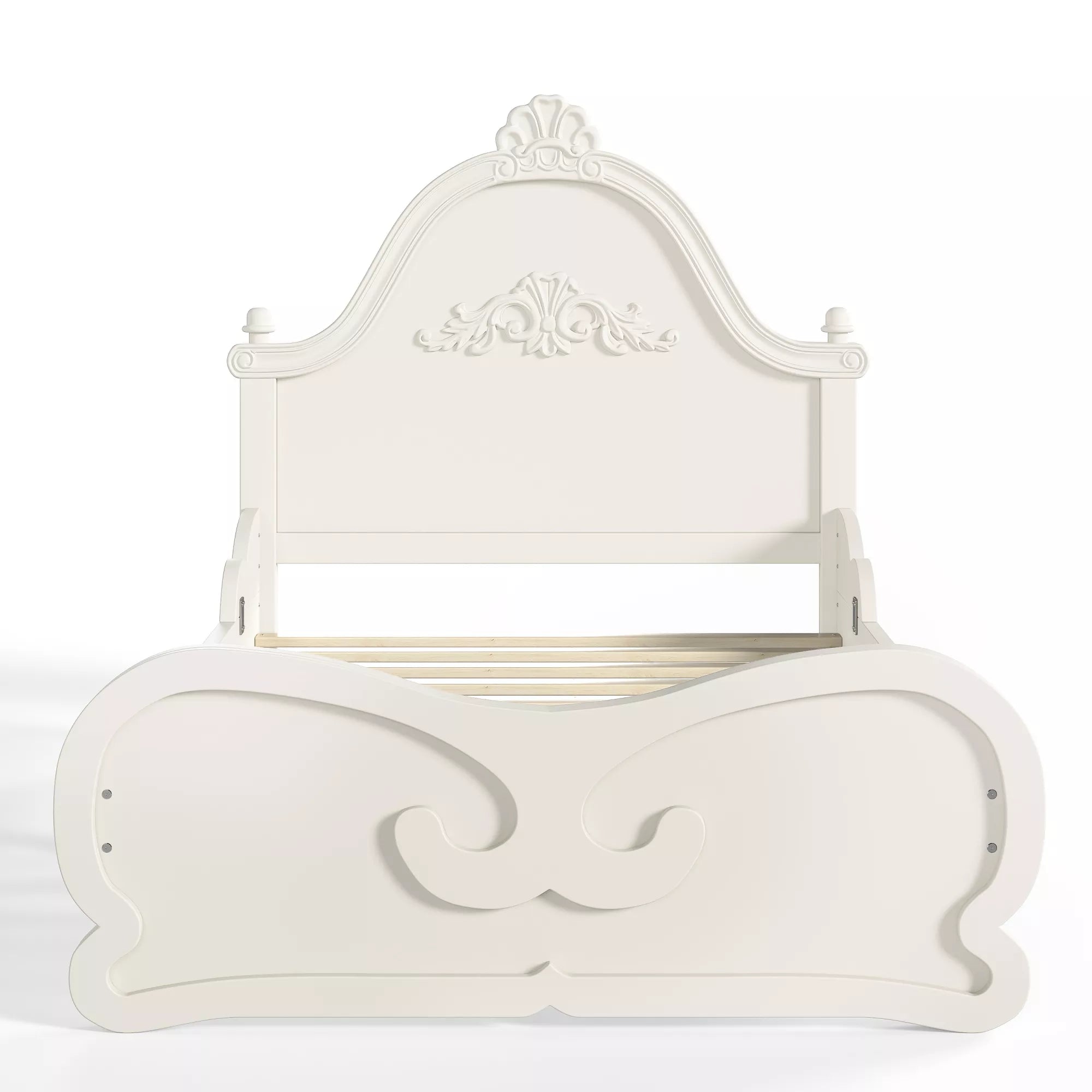 Vintage Carved Platform Bed with Headboard in White Finish