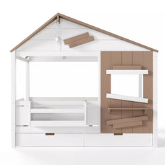 Bellemave® Wooden Farmhouse House Bed with Storage Drawers, Window Shelf & Side Hooks, Kids Playhouse Floor Bed