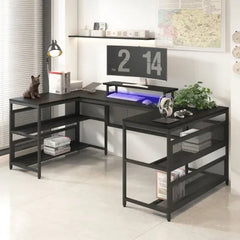 Bellemave® U-Shaped Desk with Shelve and LED Lights Bellemave®