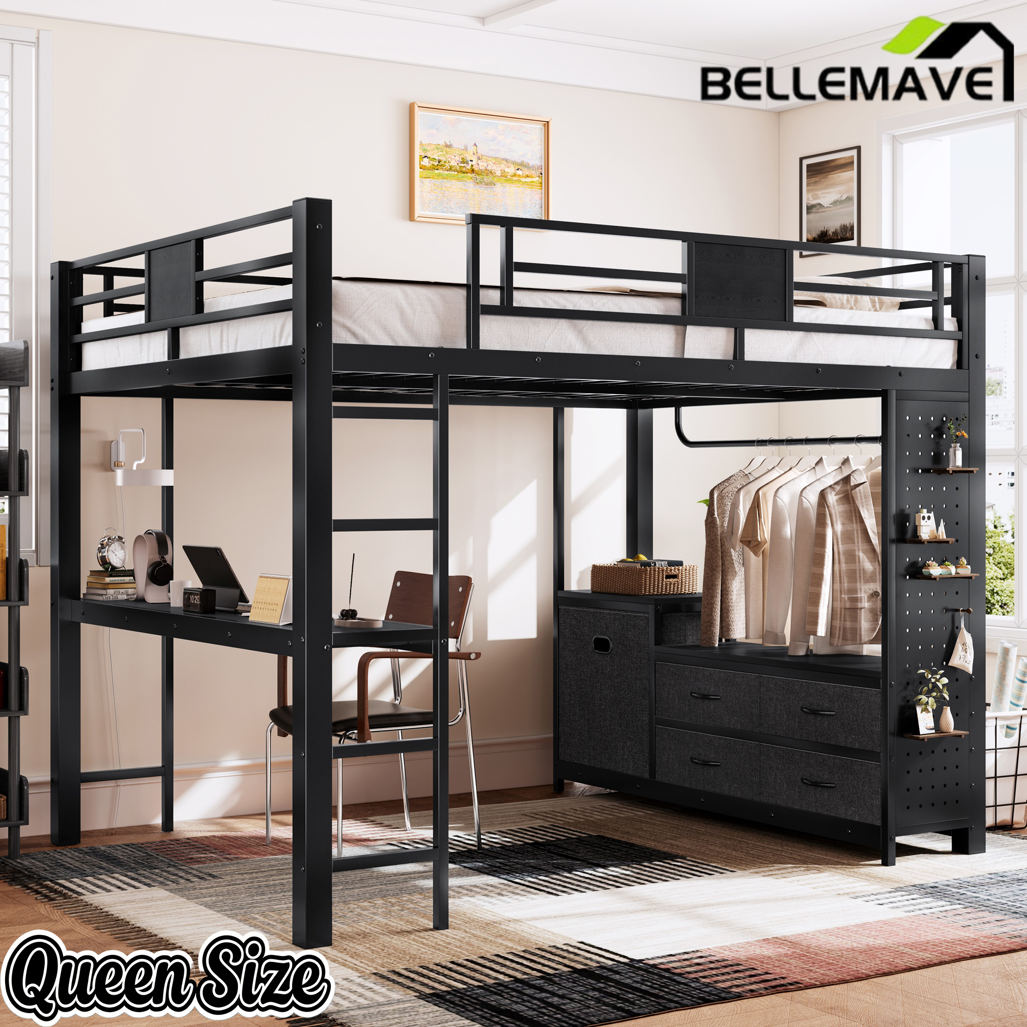 Bellemave® Queen Size Metal Loft Bed with Desk, Storage Shelves & Clothesline Pole, Storage pegboard, Laundry Bag,for Adults, Kids, Teens, Black Bellemave®