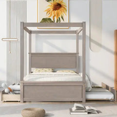 Bellemave® Full Size Wood Canopy Platform Bed with Trundle and two Drawers,with Support Slats Bellemave®