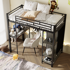 Bellemave® Twin Size Metal Loft Bed with Built-in Wardrobe, Desk and Shelves